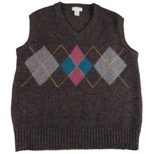 VTG Cattivo Sweater Vest Men L Shetland 100% Pure Wool Argyle V Neck Brown Flaw